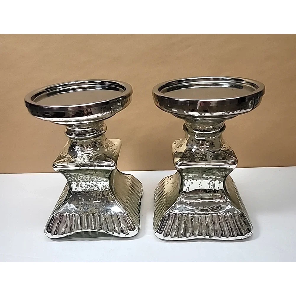 Pair Of Mercury Glass‎ Pillar Candle Holders 7.25” Tall-Square Base